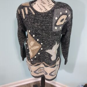 Vintage 90s Segue Grey Patchwork Silk Angora Wool Blend Oversized Sweater M med